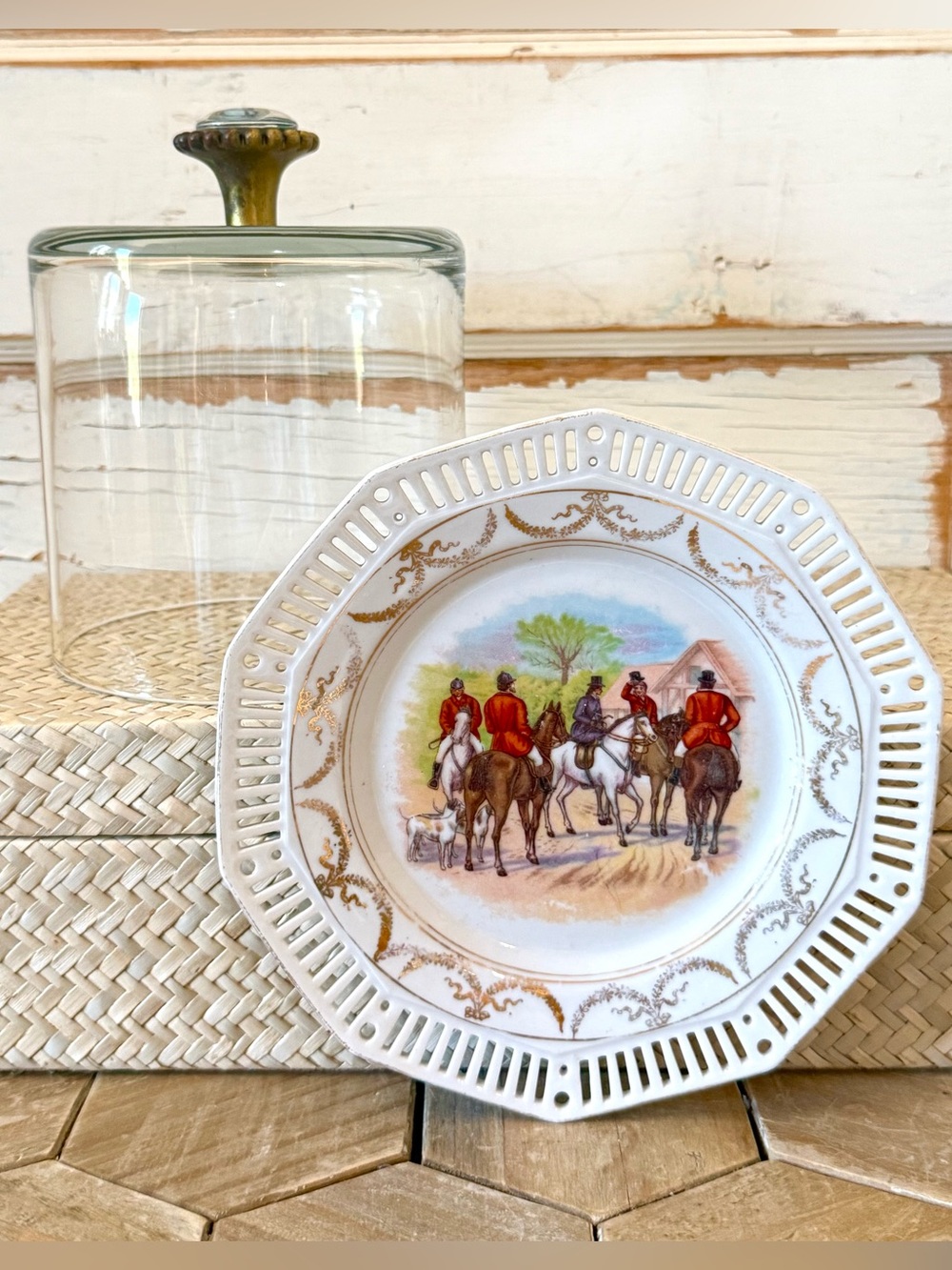 Vintage Equestrian Ralph Lauren Inspired Glass Cloche, Porcelain Fox Hunt Base